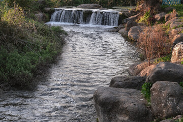 View of Nahal Dan waterfall in Kibbutz Dafna, Hula valley, Upper Galilee, Israel.