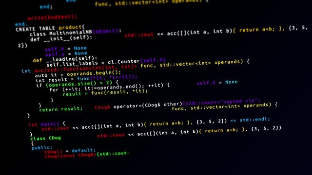 Software codes sliding on the screen, Scrolling through a page of HTML code Loop Animation. code editor window. Scrolling stops from time to time to show some of the HTML tags