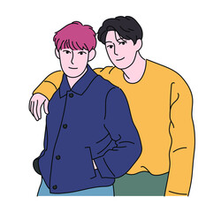 Two boys are posing affectionately. hand drawn style vector design illustrations. 