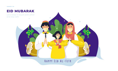 Happy Eid Mubarak illustration greetings with Muslim families using health masks