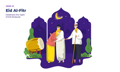 Obraz premium Illustration of young woman apologizes to parents for Eid Mubarak greetings concept