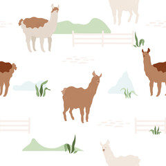 Cute lama walking on the field. Vector illustration with abstract hills, grass, domestic, mexican animals. Alpaca's farming. Seamless pattern for packaging, textile, wallpaper. Cartoon character.