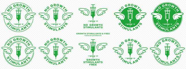 Concept for product packaging. Marking - without growth stimulants. A stamp with wings and a syringe with a drug - a symbol of freedom from growth regulators. Vector elements.