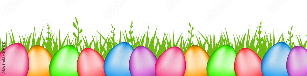 Aufkleber A set of multi-colored glossy Easter eggs in the grass located at the bottom. 12 colored eggs on an isolated background. Easter, the symbol of the holiday. Stock illustration EPS 10