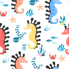 Seamless background with sea animals or underwater creatures, seahorse, crab, jellyfish, shell and plants. Vector