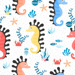 Seamless background with sea animals or underwater creatures, seahorse, crab, jellyfish, shell and plants. Vector