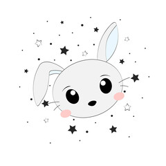 Postcard with a Bunny face and stars for children's design, textiles, postcards, Wallpaper and other things. Vector