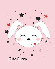Postcard with a Bunny face and stars for children's design, textiles, postcards, Wallpaper and other things. Vector