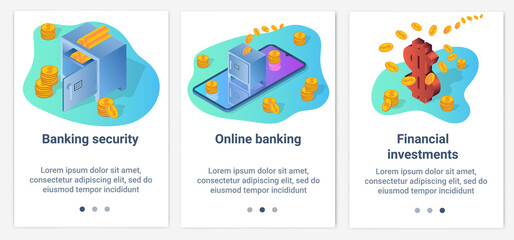 Modern flat illustrations in the form of a slider for web design. A set of UI and UX interfaces for the user interface.Secure online banking and financial investments.