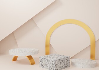 3d rendering pastel gold marble display podium product stand on background. abstract minimal geometry. Premium Image