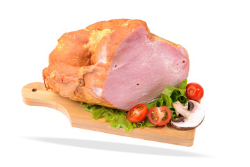 Smoked meat in a large piece on a wooden board with cherry tomatoes, and slices of black bread.Isolated on a white background.