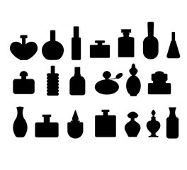 Set of different type of perfume bottles. Vector silhouette of perfume bottles on a white background