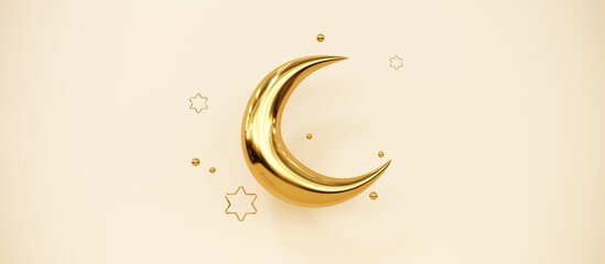 Ramadan Kareem greeting template with arabic lantern, moon, gift, presents and stars. Podium, stand on holiday light background for advertising products - 3d render illustration for cards, greetings.