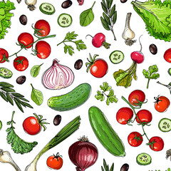 Vector vegetables food pattern on white background. Colored farm products.
