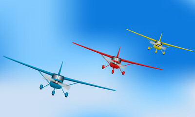 Formation of colorful light aircraft with propeller on blue sky, 3d vector illustration design