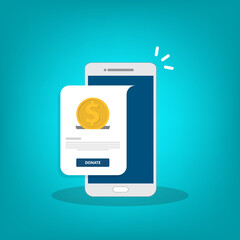 Donate online concept. Smartphone with gold coin and button on screen.	