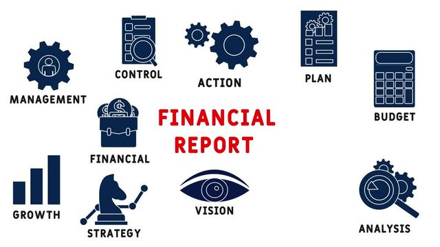 Financial report - icons and words in a cloud motion background concept. business concept background. 4k animated colored flat design. for website, social media or presentation design.