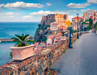 Сharm of the ancient cities of Europe. Picturesque morning view of Scilla town with Ruffo castle...