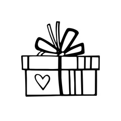 Cute gift box with a bow, decorated with a heart-shaped sticker. The concept of love and Valentine's Day. A hand-drawn gift box with a love message. Doodle vector illustration, isolated. For stickers.