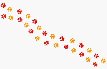 Paws of a cat, dog, puppy. Diagonal animal red and yellow footprints for T-shirts, backgrounds, websites, postcards, children's prints. Vector graphics.