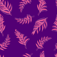 seamless vector pattern palm leaves pink-lilac leaf and outline on background. For textiles, packaging, fabrics, wallpapers, backgrounds, invitations. Summer tropics hand illustration