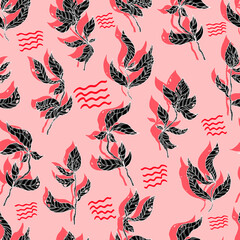 leaves on wooden twigs  seamless pattern white and green with shadow on blue