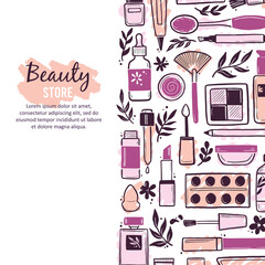 Hand drawn template with makeup beauty cosmetic elements, mascara, cream bottle, skin brush. Doodle sketch style. Illustration for makeup, beauty salon, cosmetic store banner, frame, poster design.