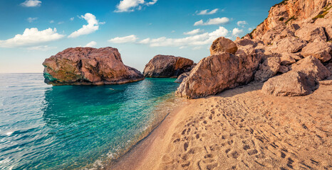 Beautiful marine scenery. Attractive summer view of Avali Beach. Colorful morning seascape of Ionian sea. Perfect outdoor scene of Lefkada Island, Greece, Europe.