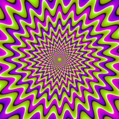 Green, pink and purple background with spirals. Motion illusion.