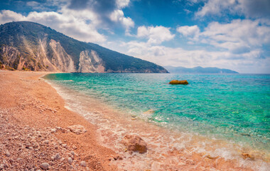 Beautiful marine scenery. Picturesque morning view of Myrtos Beach. Romantic summer scene of Cephalonia island, Divarata village location, Greece, Europe. Exciting spring seascape of Ionian Sea.