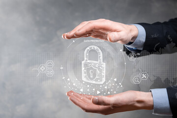 Cyber security network. Padlock icon and internet technology networking. Businessman protecting data personal information on tablet and virtual interface. Data protection privacy concept. GDPR. EU.