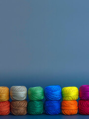 Colored yarn balls on blue background. Row of various cotton yarn balls.