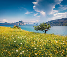 Beautiful summer scenery. Stunning summer view of bridge to Krk island. Sunny morning scene of...