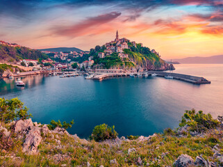 Сharm of the ancient cities of Europe. Calm morning cityscape of Vrbnik town. Superb summer...