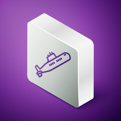Isometric line Submarine icon isolated on purple background. Military ship. Silver square button. Vector