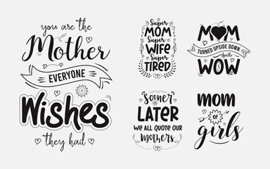 Set of Calligraphy Mom quotes for mothers day, Mom Isolated hand drawntypography illustration design for greeting invitation print label poster vector