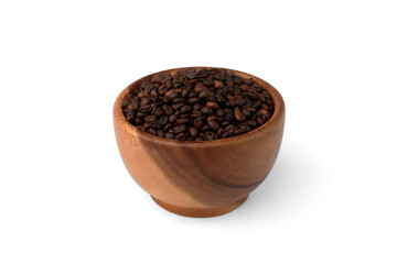Coffee beans in wooden bowl isolated on white background.