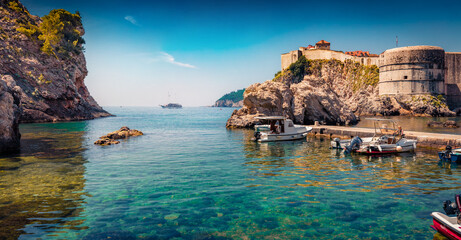 Сharm of the ancient cities of Europe. Sunny morning view of famous Fort Bokar in city of...
