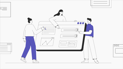 Flat style business people illustration. Software development company, coding and programming. workflow organization, developing computer software. Modern flat outline style.