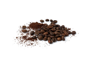 Coffee beans and powder isolated on white background.