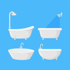 Bathtubs for bathroom with shower and faucet equipment. Set of four tubs isolated in blue background. Vector illustration in cartoon style