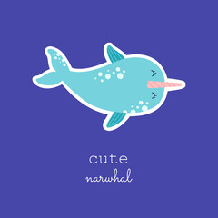 Cute narwhal back sticker, kawaii baby whale character. Hand drawn fun ocean animal with pink horn, pastel color, modern trendy vector illustration in flat cartoon style, isolated on blue background