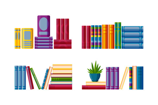 Shelves with study books. Set for bookstore shelves in cartoon style. Vector illustration on white background