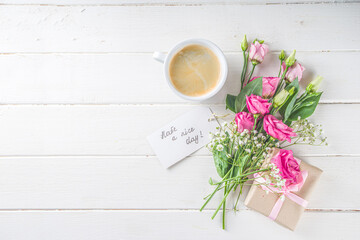 Fototapeta na wymiar Coffee with flowers and notes good morning