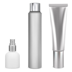 Cosmetic bottle mockup. Cosmetic product package isolated on white. Plastic container blank design. Beauty product pack, cream, oil, shampoo jar illustration. Shower gel bottle