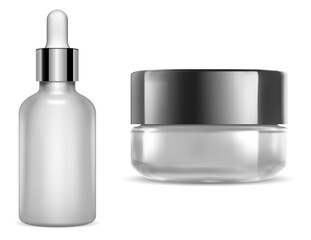 Cream jar, serum dropper. Round creme pack, transparent glass lotion flask mockup. Makeup blush jar for branding identity. Realistic beauty box, skin care gel template. Medical serum bottle