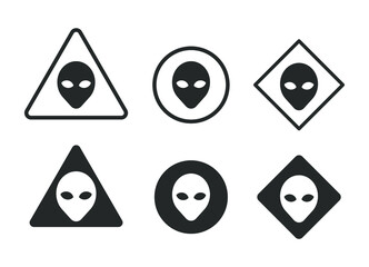 Alien head vector sign set. Humanoid face symbol icon collection. Extraterrestrial warning logo. Science fiction label. Ufo and sci-fi character illustration image.