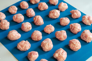 Raw shaped meatballs on blue.