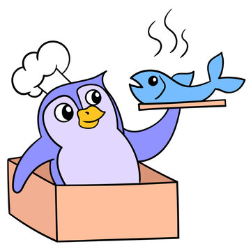 Penguin Comes Out Of The Box Carrying A Menu Of Cooked Fish. Doodle Icon Image Kawaii