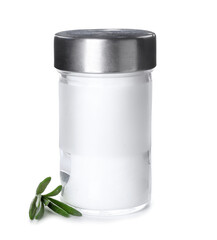 Jar with salt on white background